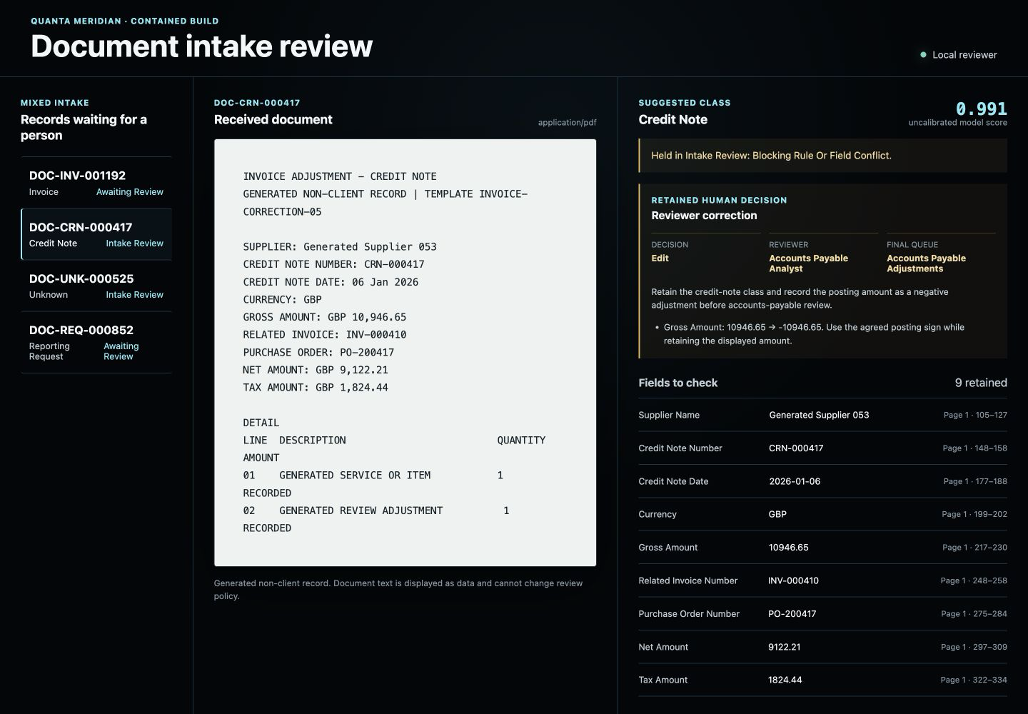 Native contained reviewer screen showing the generated credit note, failed checks and accounts payable correction