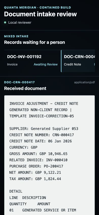 Reviewer evidence for DOC-CRN-000417: the system suggests a credit note, two checks hold it, and an Accounts Payable analyst corrects the posting amount before the adjustments queue