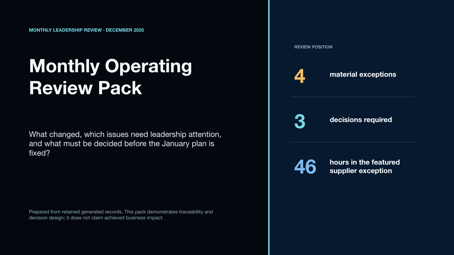 Monthly Operating Review Pack cover showing four material exceptions, three decisions and a 46-hour supplier issue